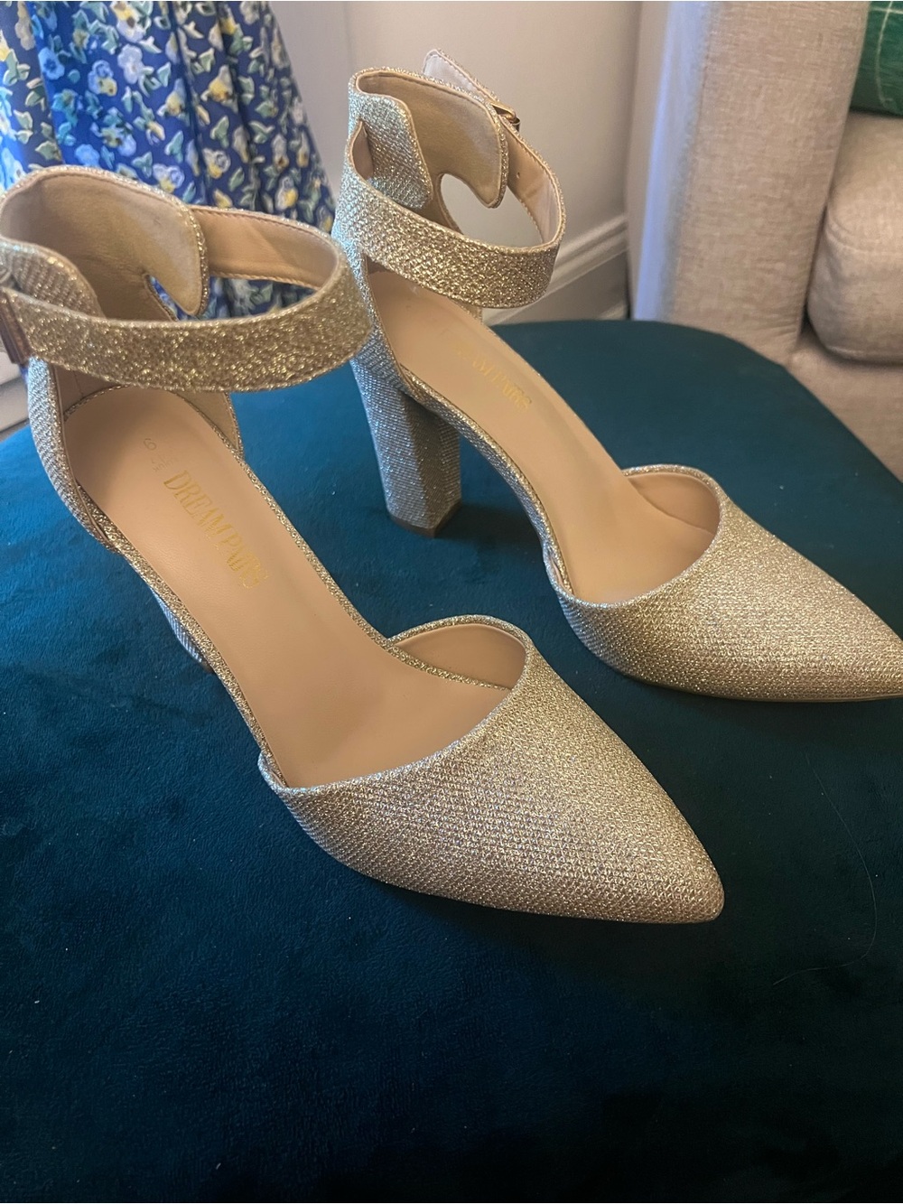 Dream Pairs Gold Glitter Pointed Toe Ankle Strap Heels